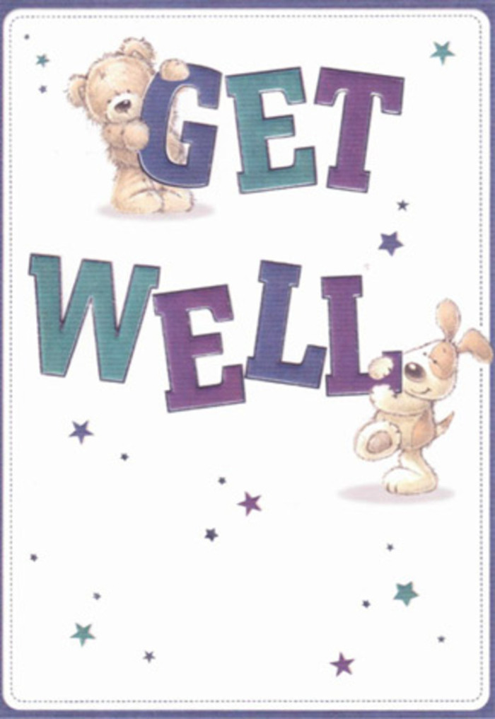 Radiant with encouragement and a dash of East London whimsy, this get well card showcases a charming duo: a cuddly bear and a cheerful puppy, their expressive faces full of optimism. Playful stars scatter through the air, echoing the bursts of brightness one might catch from Canary Wharf at dusk. The typography stands strong-large, confident letters in purple and aqua shades serving as pillars of reassurance in the design. Not only are the strokes inviting, they're tactile-the fluffiness of the bear and the puppy's velvety-furred ears are so vivid they could be felt in a gentle caress, much like petting a loyal friend during a riverside stroll on Coldharbour. If I were to prepare a get well bouquet for a neighbour on Prestons Road, it would have the same intent: to radiate hope, elevate the mood, and offer heartfelt care. The card's light, airy style lifts the spirit for recipients of all ages. Together with a fresh delivery from Blackwall Flowers, it becomes a celebration of healing and kindness throughout the local area.