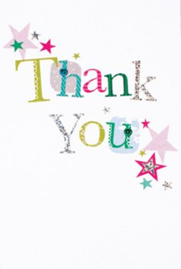 There's an elegant exuberance to the composition of this thank you card, its arrangement of letters radiating individuality against the backdrop of Blackwall's lively urban spirit. Some letters are adorned with whimsical spots and playful curves, others sculpted in a way that feels graceful and musical, together forming a harmonious message in bright green, lively fuchsia, deep blue, and shimmering silver ink. Stars, filled with vibrant pink stripes or awash in turquoise and metallic shimmer, gather around the words, creating the impression of a joyous sprinkling-like stardust drifting on a cool evening near East India Dock. The design is crisp and airy, maintaining a modern edge with its generous white space, which allows each colour and detail to stand out. This is a card that transcends occasion, poised to nestle against any bouquet leaving Blackwall Flowers for delivery along Canary Wharf, a gesture that echoes the balance of sophistication and warmth cherished by locals. It is at once uplifting and memorable, as if the card itself is extending a hand of gratitude, reflecting not just the look but also the heartfelt intent behind every thoughtful floral gift.