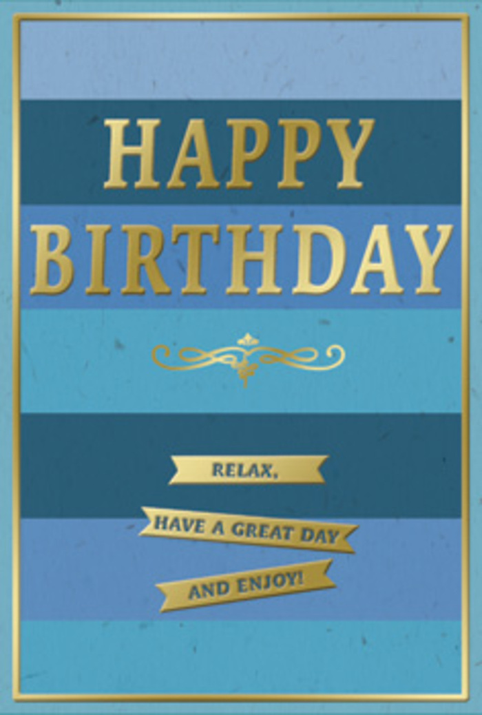 A beautifully composed birthday card in blue and gold is shown as if placed on a neat dining table in Blackwall, its understated design capturing a balance between serenity and celebration. The card's background is arranged in wide, horizontal stripes, each a distinct shade of blue. At the bottom, a deep navy stripe anchors the design with a sense of depth, before giving way to more muted denim and teal tones, and finally a soft sky blue at the top, reminiscent of a clear day reflected on the calm surface of the nearby river. Across the center of these layered blues, the phrase HAPPY BIRTHDAY appears in large, capital gold letters, embossed so that they gently rise from the surface and shimmer when they catch the light. The gold is warm rather than brash, lending the card a feeling of gentle importance rather than loud festivity. Just beneath the main greeting, a delicate golden flourish stretches in a single, graceful sweep, evoking the elegance of traditional calligraphy and creating a subtle visual pause. Below this flourish, three narrow gold banners are arranged in a clean vertical column, their foil surfaces gleaming softly as they share an inviting message: Relax, have a great day and enjoy! The blues remain matte and velvety in appearance, while the gold details provide a tactile contrast with their slightly raised, polished texture. A slender gold border runs neatly around the edges, bringing the design together like a well-chosen frame around a favourite picture. Imagined alongside a fresh birthday bouquet from Blackwall Flowers, this card would bring a quiet, considered joy to any celebration, perfect for someone who appreciates modern style with a hint of timeless charm.