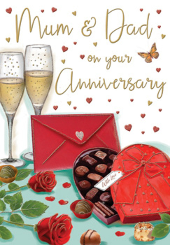 Detailed and emotive anniversary card design rendered in rich reds and golds, evoking the atmosphere of an intimate celebration at home in Blackwall. At the centre of the illustration, two elongated champagne flutes stand side by side, both filled with a light golden drink. Fine streams of bubbles rise delicately within each glass, catching the light as if a soft glow from nearby candles or a city skyline is reflecting on the surface. The glasses are positioned close enough to suggest closeness and unity, as though Mum & Dad are about to raise them in a shared toast. In front of this pair, two velvety red roses rest on the tabletop, their petals full and generously layered, drawn with subtle shading that captures their softness. The roses are hugged by glossy green leaves, giving them a freshly-cut appearance, reminiscent of the premium stems carefully selected by local florists in Blackwall. To one side, a heart-shaped box of chocolates is set open, showing a tidy array of truffles and pralines in dark and milk chocolate tones, their smooth surfaces reflecting a slight sheen. A luxurious red bow encircles the box, tied into opulent loops that drape elegantly over its edge. A few chocolates sit separately on the table, as if already enjoyed in a shared moment of indulgence. Nearby, a scarlet envelope lies sealed and slightly tilted, suggesting a personal message written for an anniversary - perhaps recalling years spent together and memories made along the docks and riverside paths. The background is sprinkled with tiny gold flecks and crimson hearts, softening the scene and framing the hand-lettered greeting. The entire composition feels intimate and celebratory, like a quiet, meaningful anniversary evening in E14 with roses, champagne, chocolate, and heartfelt words.