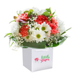 With the crisp elegance of a riverside morning, this exuberant bouquet celebrates Blackwall's unique charm and vibrancy. Artfully arranged in a pristine white gift bag, the flowers radiate youth and optimism-coral and scarlet carnations bloom with feathered, ruffled petals, exuding a subtle, spicy fragrance. Intermingled throughout, white daisies with vivid yellow-green centres beam out, creating a sense of brightness akin to sunbeams over the local marinas. Cloudlike drifts of gypsophila bring a soft, whimsical note, while a few unopened, violet-tinged buds emerge discreetly, hinting at the promise of days yet to come. The flowers are cradled by deep green, glossy leaves that form an elegant, protective base, enhancing the bouquet's rounded fullness and lush appearance. Sturdy white ribbon handles perched atop the bag make this arrangement ideal for bringing a touch of celebration to offices and homes across Blackwall, whether for a birthday, an anniversary, or a spontaneous gesture. The overall sensation is one of freshness, joy, and thoughtful floristry-local spirit woven beautifully into every petal.