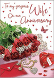 This romantic anniversary card composition could easily be pictured on a polished table in a Blackwall flat, prepared just before a special evening by the river. At the centre, a generous cluster of classic red roses commands attention, each bloom fully open, with petals that appear soft and velvety, layered in tight whorls. The red tones are deep and saturated, evoking passion and long-standing devotion. Surrounding the roses, fresh greenery fans out in gentle curves, the leaves' smooth, slightly glossy surfaces adding texture and natural contrast. Just beside the arrangement sits an inviting envelope, angled as though recently placed, suggesting the presence of a personal, loving message. A glinting piece of jewellery rests nearby, its metal catching the light in small, refined highlights, implying a thoughtful gift chosen for this particular milestone. Completing the still life, a heart-shaped keepsake box sits close to the flowers, its rounded silhouette and rich colour reinforcing the theme of treasured memories. Tiny heart motifs are scattered across the background, their presence playful yet understated, while a single butterfly detail hovers nearby, hinting at the gentle magic and change that come with years of shared life. Romantic, flowing script stretches across the face of the card, harmonising with the curved shapes of petals and hearts. Soft, diffuse lighting washes over everything, eliminating harsh contrasts and creating a warm, welcoming ambiance reminiscent of evening light glancing off the Thames near Blackwall. The scene invites you to imagine the scent of fresh roses, the smooth feel of the card, and the quiet happiness of an anniversary celebrated in familiar surroundings.