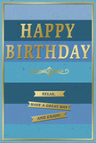 This birthday card appears as though propped on a tidy shelf in a Blackwall flat, its cool tones and warm metallic details working together to create a sense of calm celebration. The background is made of broad horizontal stripes in varying shades of blue, stacked one upon another. At the base lies a deep navy band, grounding the design with satisfying depth, which then shifts into softer denim, rich teal, and an airy sky blue at the top, echoing the gentle colour changes you see over the river as daylight moves along the Blackwall waterfront. Set squarely across the center are the words HAPPY BIRTHDAY, rendered in large, embossed gold capital letters that catch even the faintest light, causing them to glow with a soft, reflective sheen. Directly below the greeting, a slim golden flourish arcs gracefully from side to side, offering a touch of classic ornament that feels both traditional and fresh. Further down, three slender gold banners are neatly aligned in a vertical stack, their foil finish gleaming and smooth as they carry the simple, relaxed message: Relax, have a great day and enjoy! The blues of the card seem velvety and matte to the eye, while the gold embellishments look slightly raised, suggesting a pleasing contrast in texture you could feel with your fingertips. Around the entire design runs a fine gold border, framing the composition with a sense of order and completion. It's easy to picture this card standing beside a vase of fresh birthday flowers delivered locally around Blackwall, adding a quiet, thoughtful beauty to the special day.