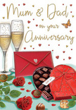 Romantic anniversary card artwork presenting a rich, cosy celebration tableau, as if set on a polished table in a Blackwall home after a special delivery from a local florist. The main focus is a pair of tall, slender champagne flutes, each filled with pale golden fizz. The bubbles rise in fine streams within the clear glass, capturing hints of warm light that suggest an evening toast between a devoted couple. The flutes are positioned closely together, subtly conveying partnership and togetherness. In front of them, two deep red roses lie side by side, their petals open and luxuriant, rendered with gentle shadows and highlights that convey a velvety texture. The blooms are accented with fresh green leaves, which bring contrast and a sense of natural vitality, rather like glimpses of greenery along the nearby Thames Path. To one side of the scene, a heart-shaped chocolate box sits open, its interior filled with carefully arranged chocolates in different rounded and square forms. An opulent red satin bow wraps around the box, its loops full and flowing, adding a touch of drama and indulgence. A few chocolates are scattered loosely on the tabletop, suggesting that the couple has already begun to share the treats. Beside them rests a vivid red envelope, sealed and turned slightly towards the viewer, hinting at a handwritten anniversary message full of affection and memories. Softly scattered across the background are tiny crimson and gold hearts and subtle sparkling accents, framing a loving Mum & Dad dedication written in elegant script. Altogether, the card illustration radiates warmth, romance, and gratitude, like a quiet anniversary celebration unfolding in Blackwall, where champagne, roses, and chocolate mark another cherished year together.